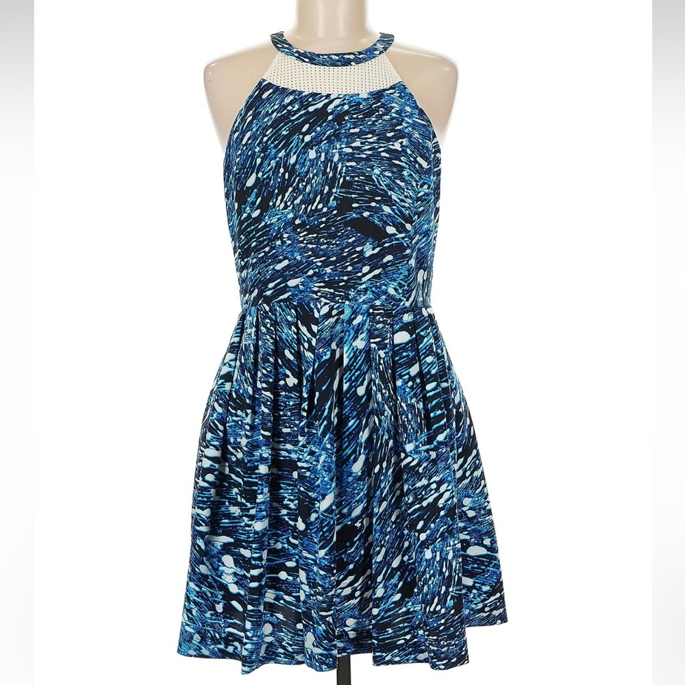 Ali Ro Blue Patterned One-Shoulder Halter Dress